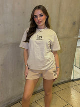 Miskyra Embroidered T-Shirt & Shorts Set - Stone