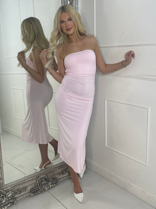 Ruched Detail Side Slit Midi Dress - Baby Pink