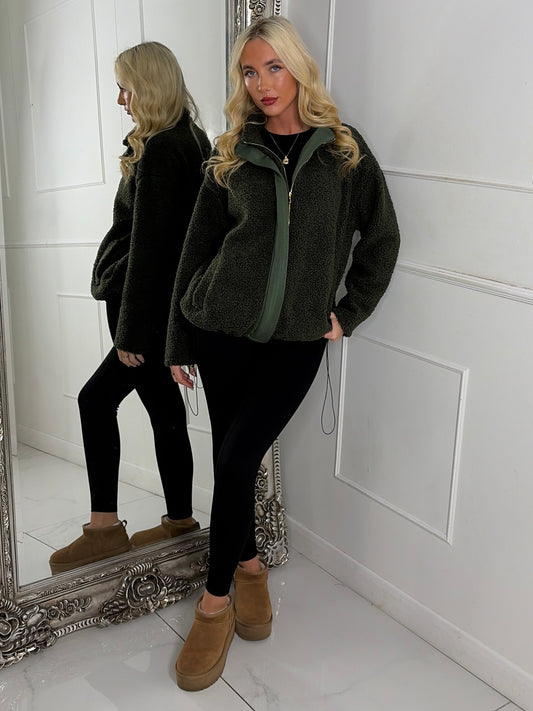 Teddy Zip Up Fleece Jacket - Khaki