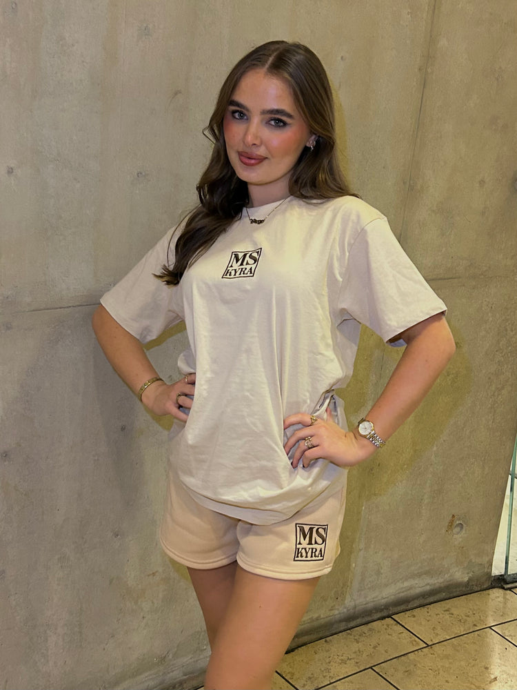 Miskyra Embroidered T-Shirt & Shorts Set - Stone