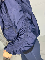 Ruched Sleeve Double Pocket Detail Windbreaker Jacket - Navy