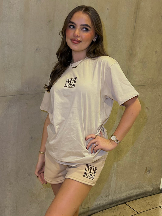 Miskyra Embroidered T-Shirt & Shorts Set - Stone