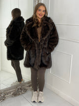Mid Length Collared Faux Fur Jacket - Brown