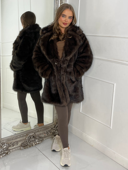 Mid Length Collared Faux Fur Jacket - Brown