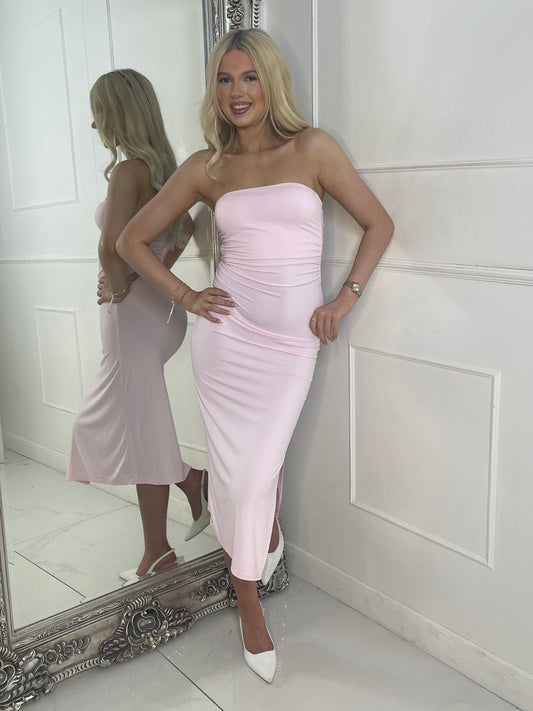 Ruched Detail Side Slit Midi Dress - Baby Pink