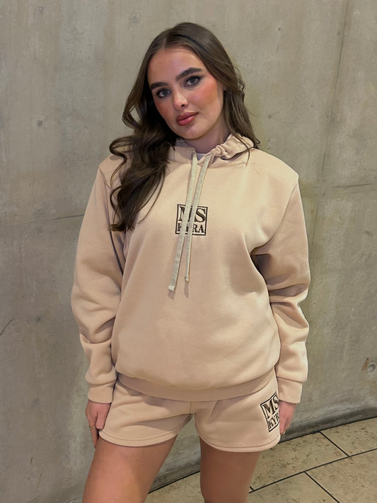 Miskyra Embroidered Hoodie & Shorts Set - Stone