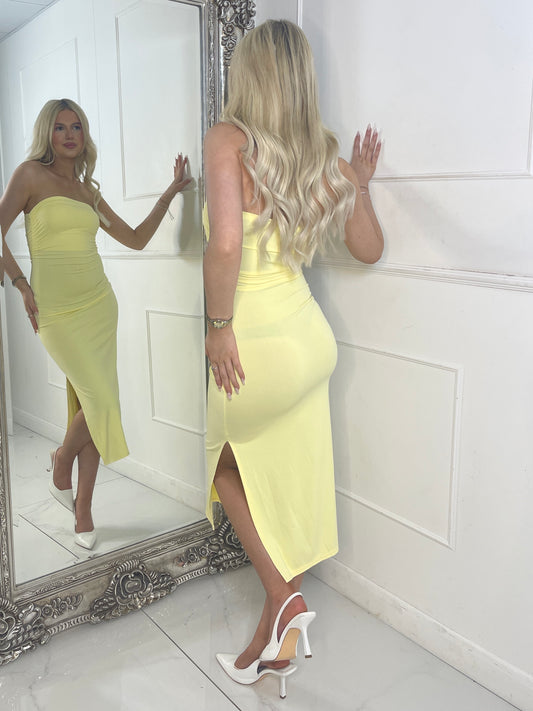 Ruched Detail Side Slit Midi Dress - Lemon Yellow
