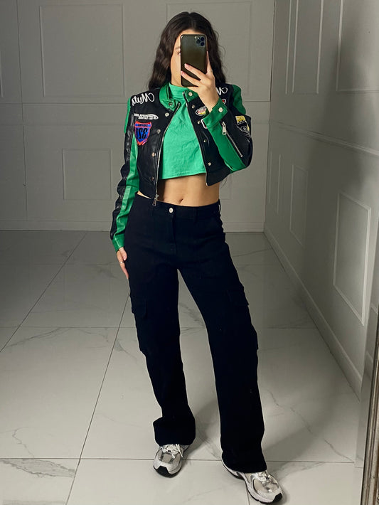 Patch Detail Cropped Leather Jacket - Black/Green