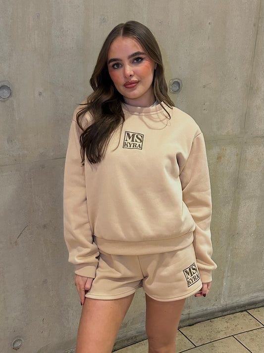 Miskyra Embroidered Sweatshirt & Shorts Set - Stone