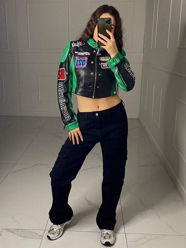 Patch Detail Cropped Leather Jacket - Black/Green