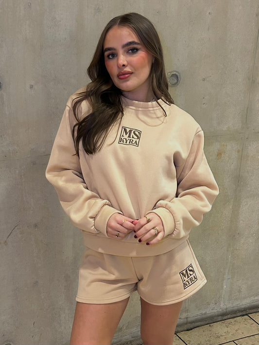 Miskyra Embroidered Sweatshirt & Shorts Set - Stone