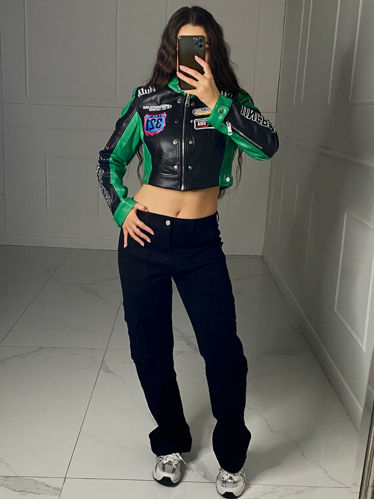 Patch Detail Cropped Leather Jacket - Black/Green