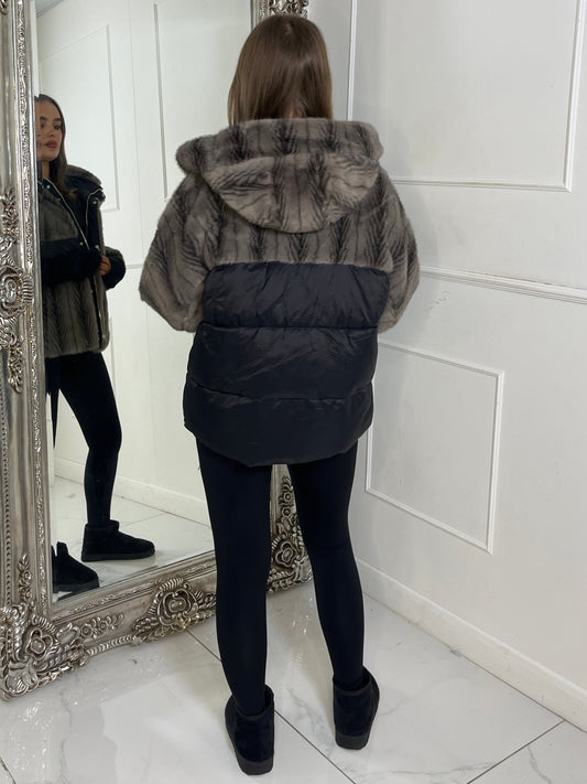 Faux Fur Patch Detail Hooded Jacket - Black