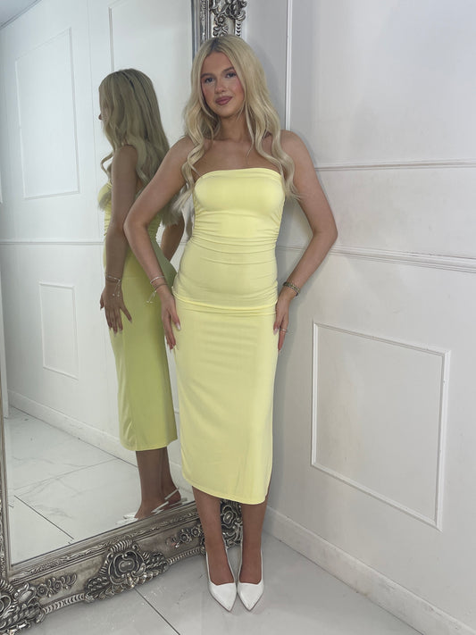 Ruched Detail Side Slit Midi Dress - Lemon Yellow