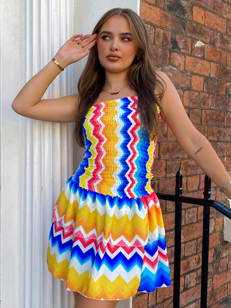 Strapless Gypsy Skirt Dress - Blue/Yellow ZigZag Print