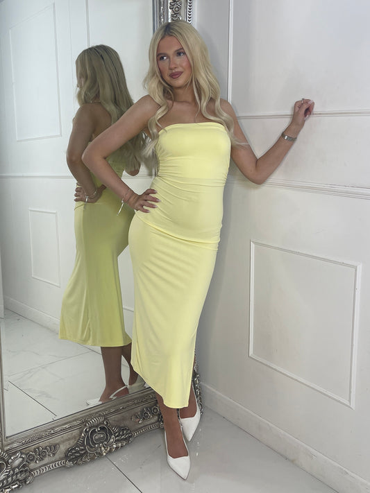 Ruched Detail Side Slit Midi Dress - Lemon Yellow
