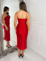 Satin Chainmail Detail Strappy maxi Dress - Red