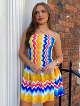 Strapless Gypsy Skirt Dress - Blue/Yellow ZigZag Print