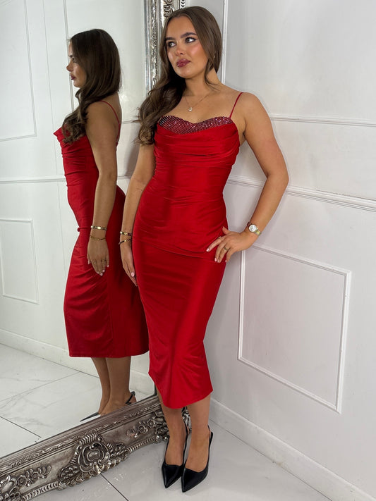 Satin Chainmail Detail Strappy maxi Dress - Red