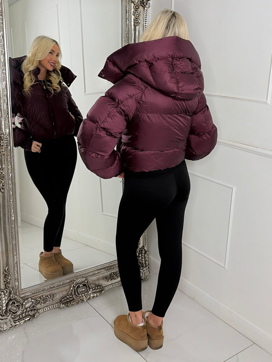 Puffer Coat With Detachable Hood - Wine
