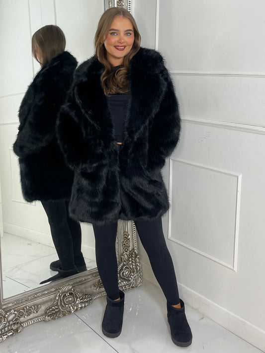 Mid Length Collared Faux Fur Jacket - Black