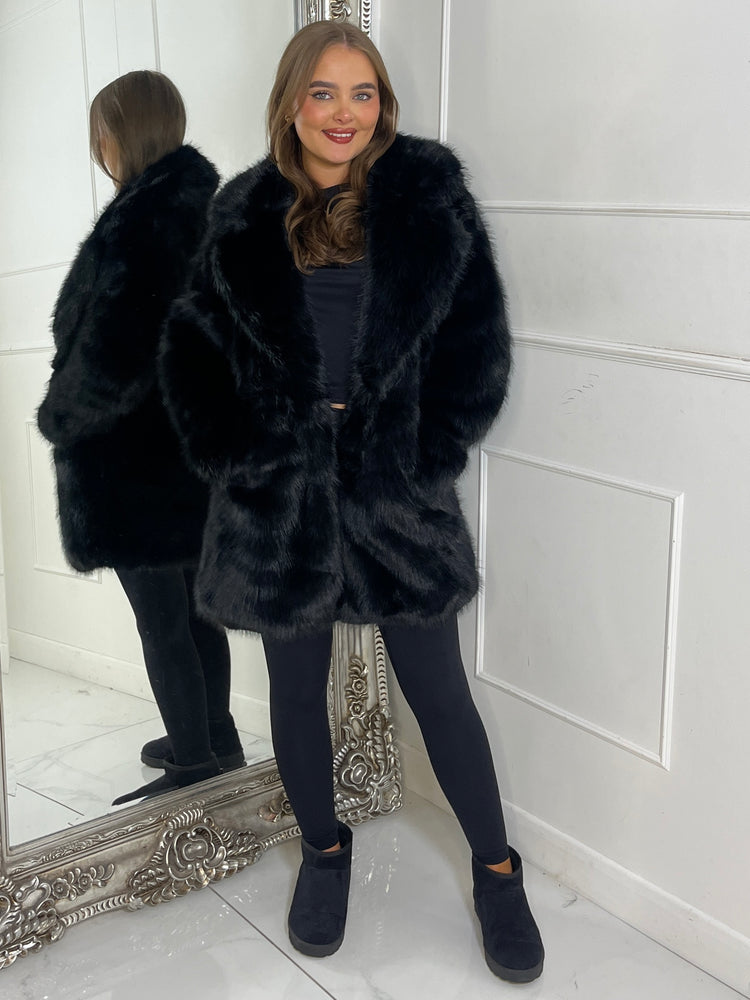 Mid Length Collared Faux Fur Jacket - Black