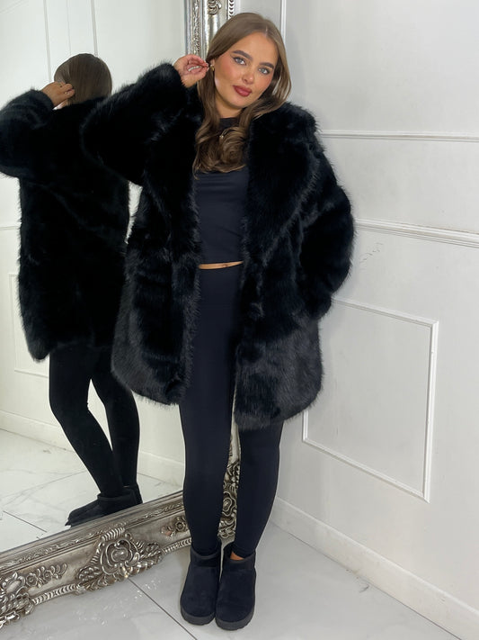 Mid Length Collared Faux Fur Jacket - Black