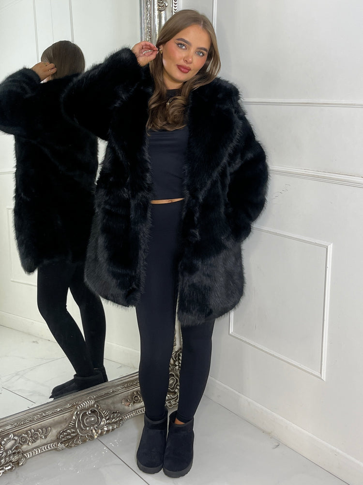 Mid Length Collared Faux Fur Jacket - Black