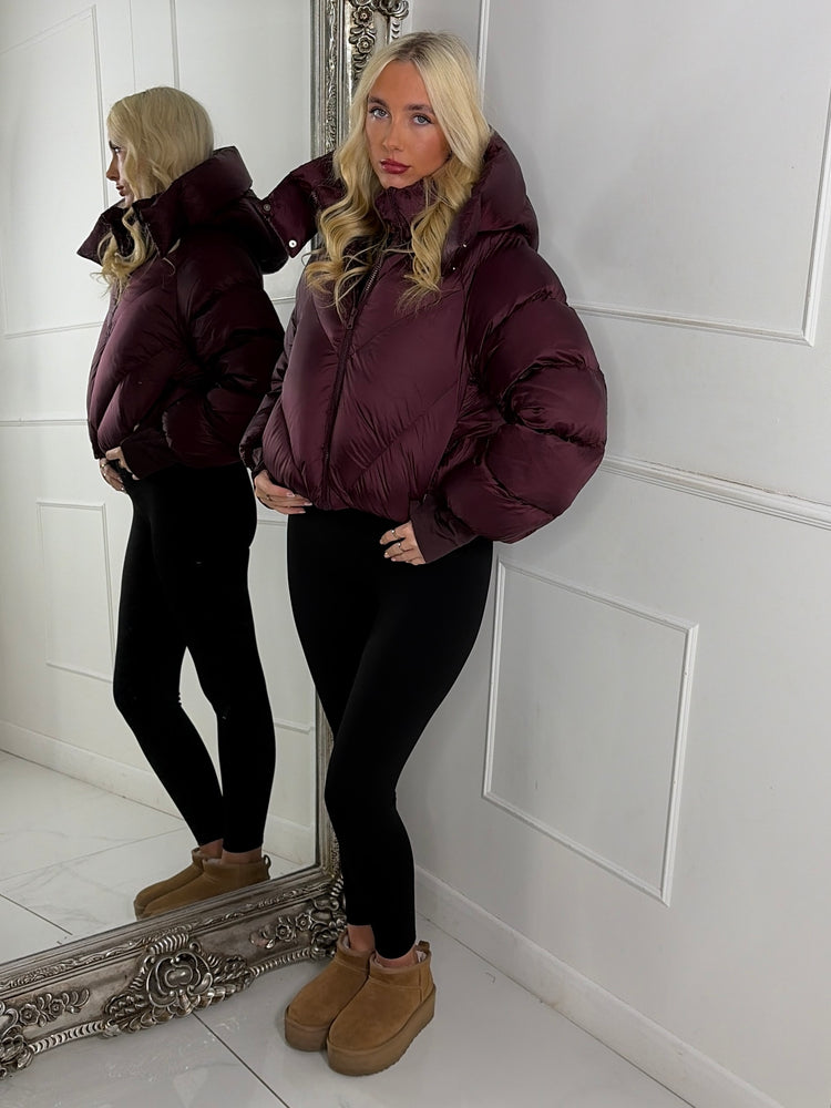 Puffer Coat With Detachable Hood - Wine