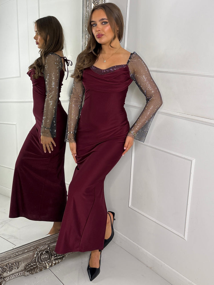 Cowl neck Chainmail Contrast maxi Dress - Wine