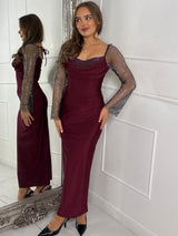 Cowl neck Chainmail Contrast maxi Dress - Wine