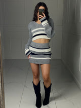 Striped Cropped Knitted Jumper & Skirt Set - Grey/White Contrast
