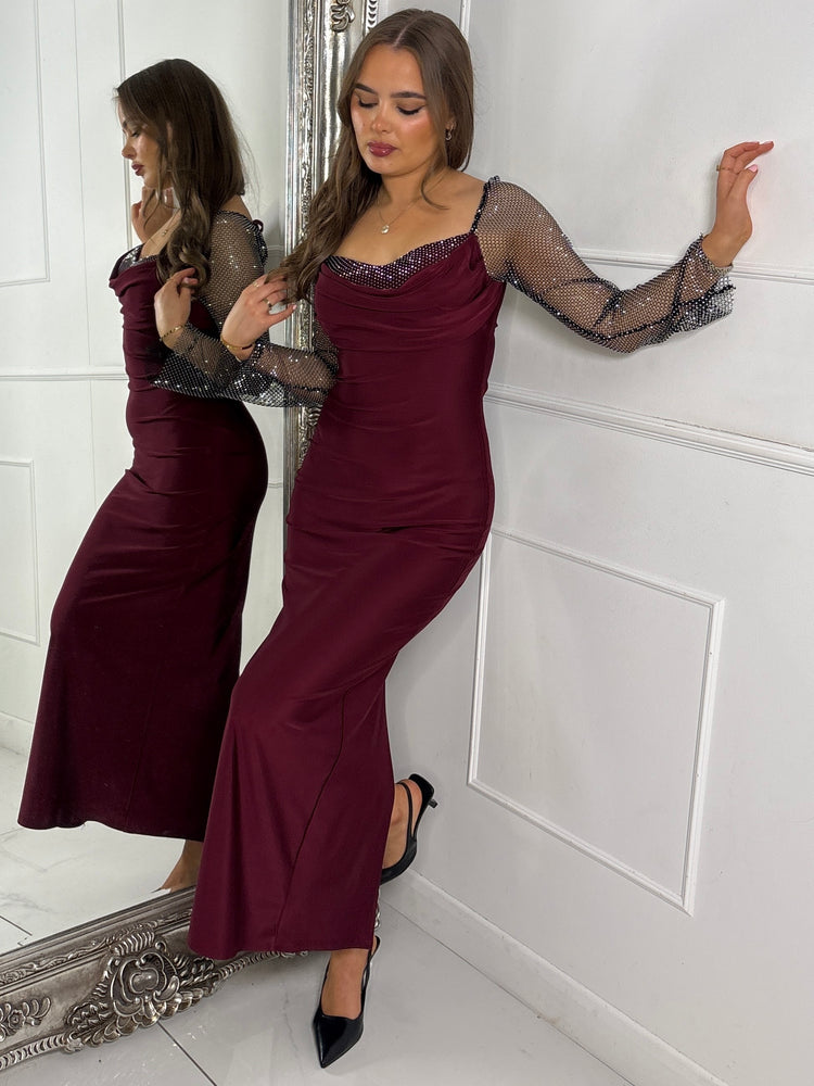 Cowl neck Chainmail Contrast maxi Dress - Wine