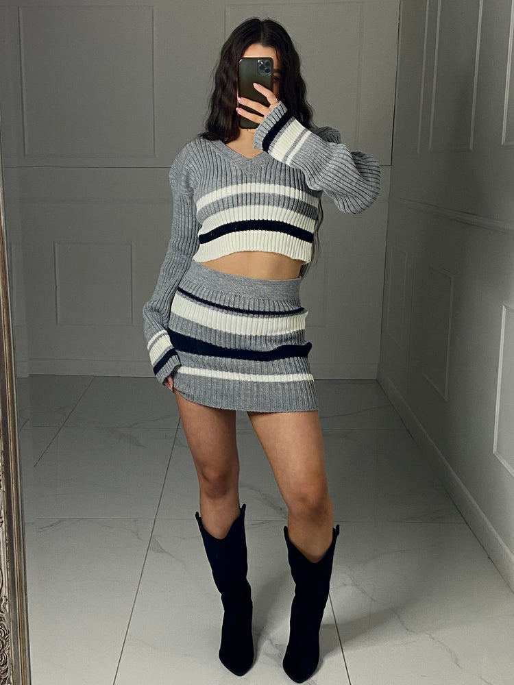 Striped Cropped Knitted Jumper & Skirt Set - Grey/White Contrast