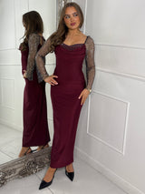 Cowl neck Chainmail Contrast maxi Dress - Wine