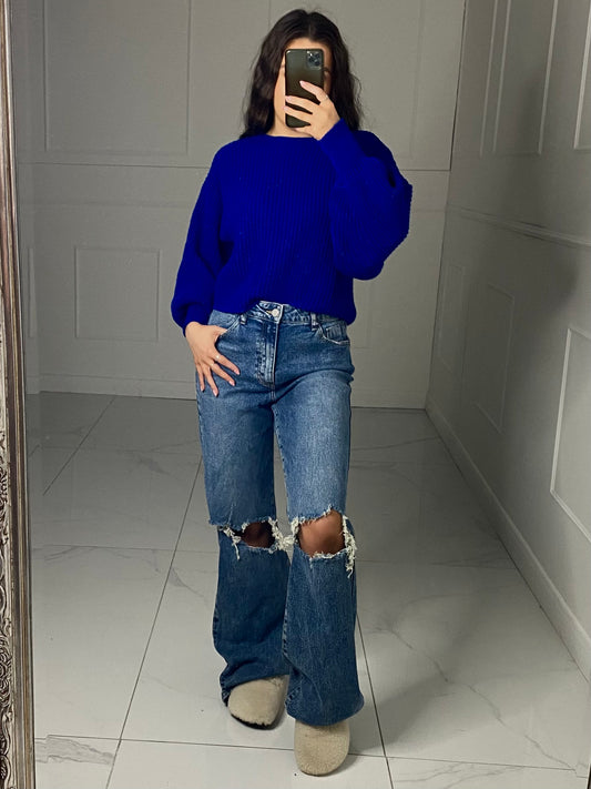 Plain Cropped Knitted Jumper -  Royal Blue