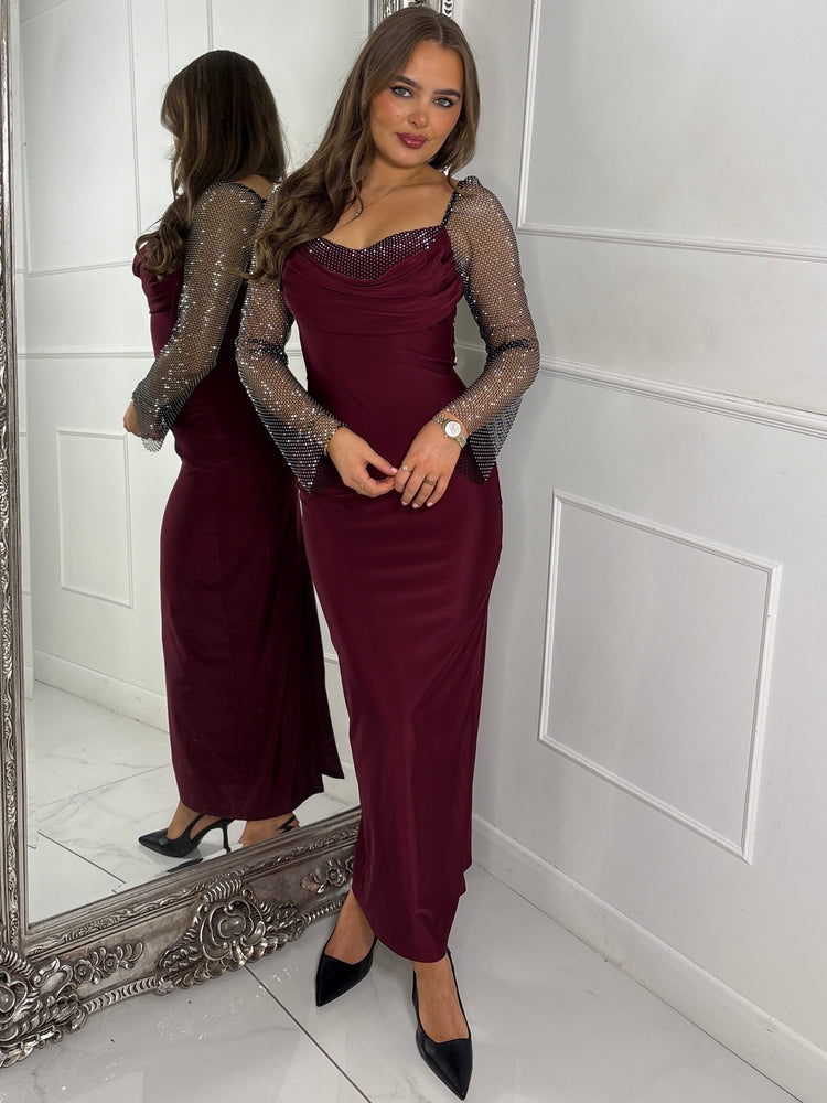 Cowl neck Chainmail Contrast maxi Dress - Wine