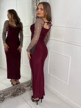 Cowl neck Chainmail Contrast maxi Dress - Wine