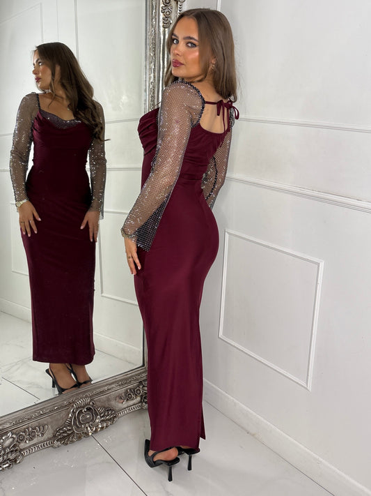 Cowl neck Chainmail Contrast maxi Dress - Wine