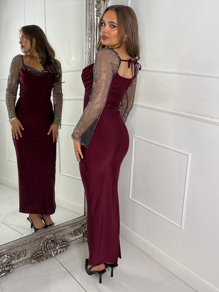 Cowl neck Chainmail Contrast maxi Dress - Wine