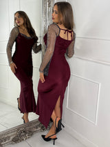 Cowl neck Chainmail Contrast maxi Dress - Wine