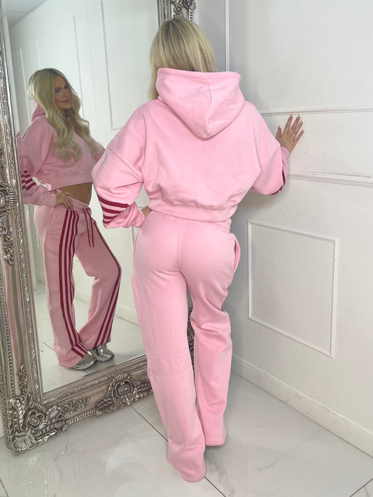 Front Stripe Detail Joggers & Cropped Hoodie Tracksuit - Baby Pink/Wine