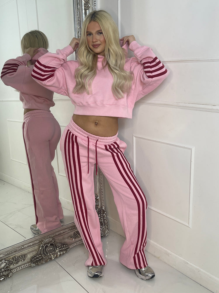 Front Stripe Detail Joggers & Cropped Hoodie Tracksuit - Baby Pink/Wine