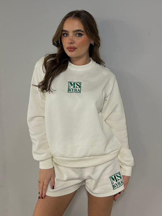 Miskyra Embroidered Sweatshirt & Shorts Set - Cream