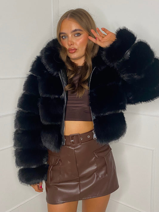 Hooded Faux Fur Jacket- Black