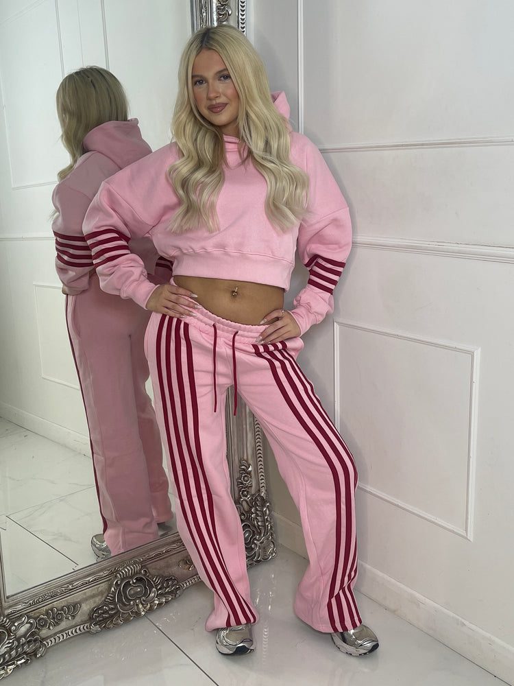 Front Stripe Detail Joggers & Cropped Hoodie Tracksuit - Baby Pink/Wine