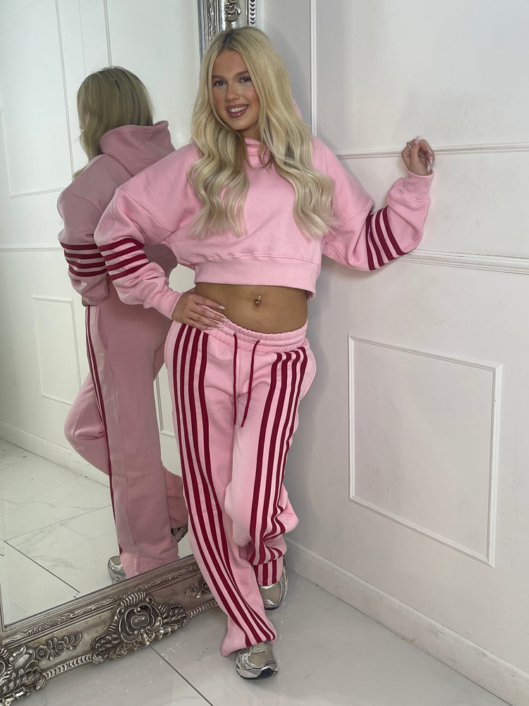 Front Stripe Detail Joggers & Cropped Hoodie Tracksuit - Baby Pink/Wine