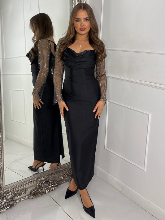 Cowl neck Chainmail Contrast maxi Dress - Black