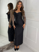 Cowl neck Chainmail Contrast maxi Dress - Black