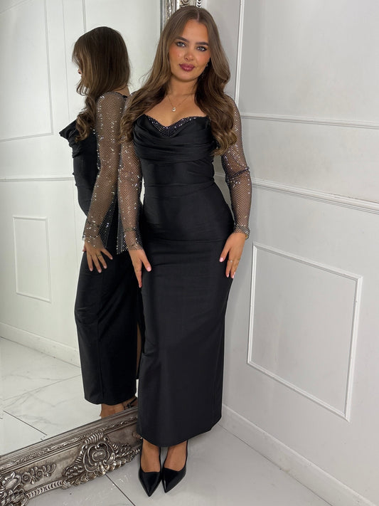 Cowl neck Chainmail Contrast maxi Dress - Black